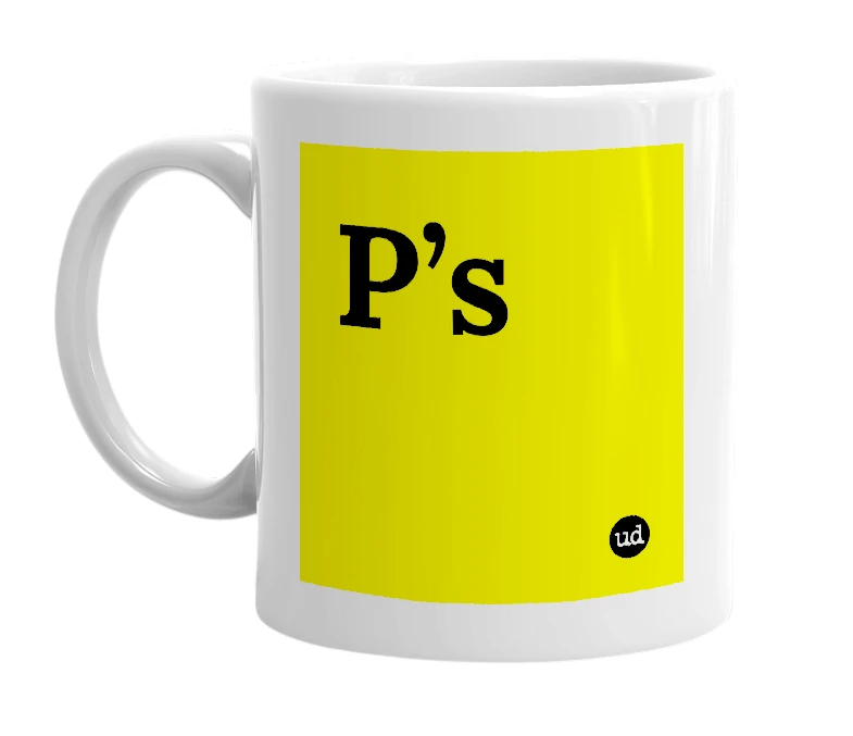 White mug with 'P’s' in bold black letters