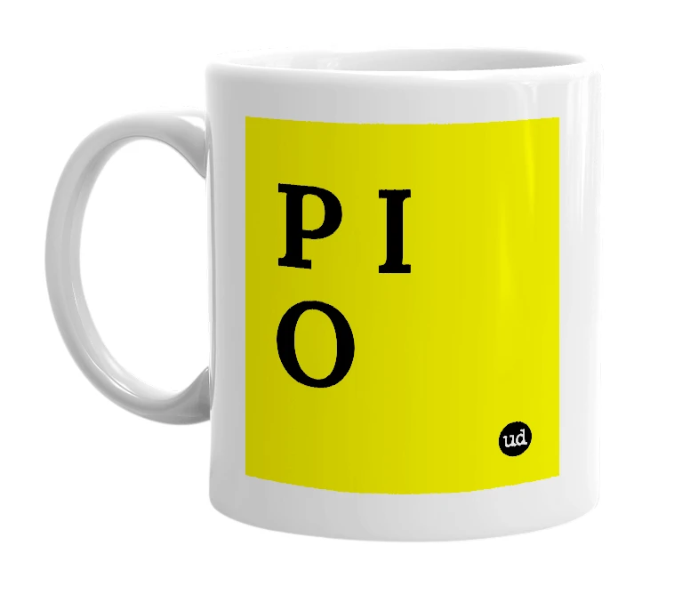White mug with 'P I O' in bold black letters