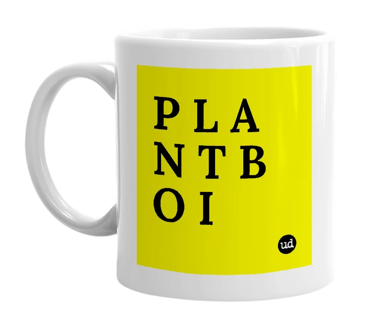 White mug with 'P L A N T B O I' in bold black letters