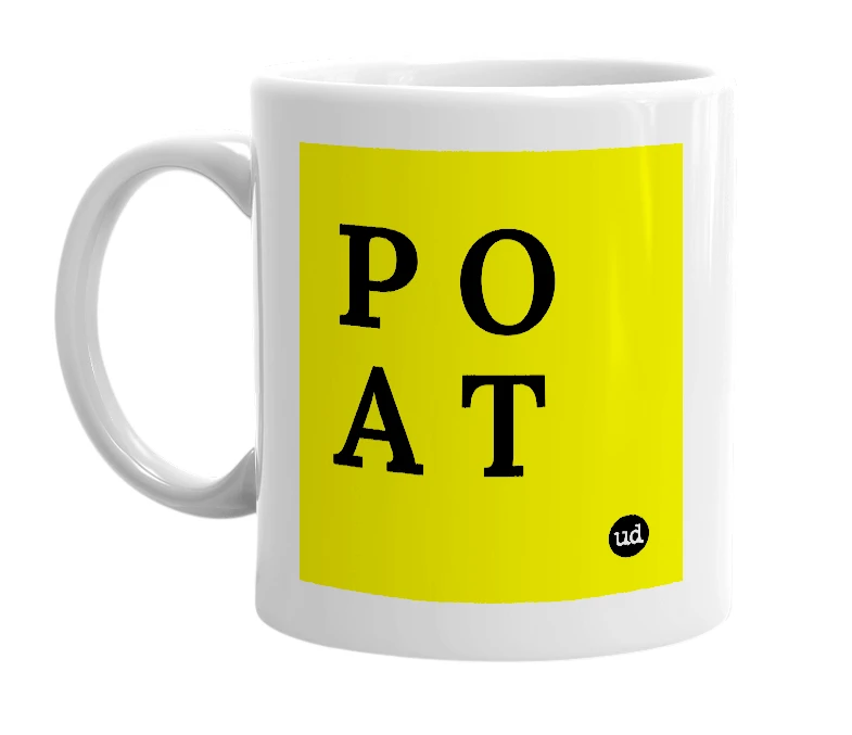 White mug with 'P O A T' in bold black letters