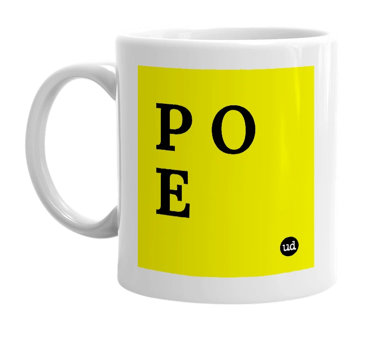 White mug with 'P O E' in bold black letters