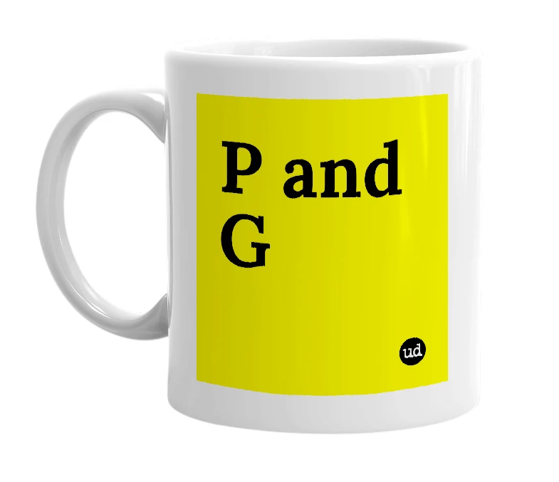 White mug with 'P and G' in bold black letters