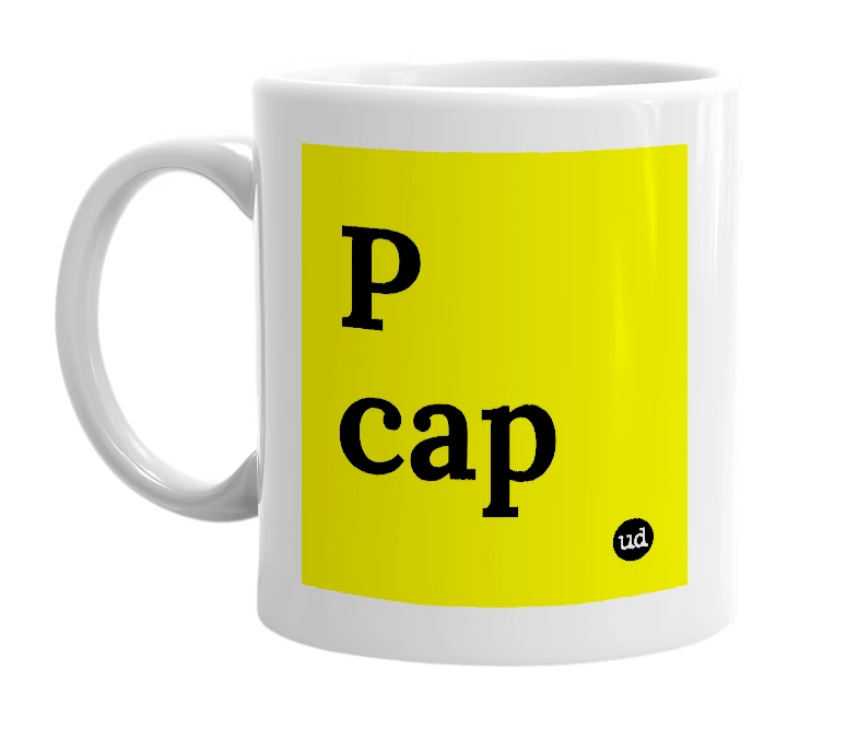 White mug with 'P cap' in bold black letters