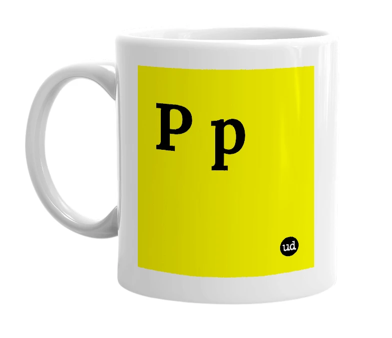 White mug with 'P p' in bold black letters
