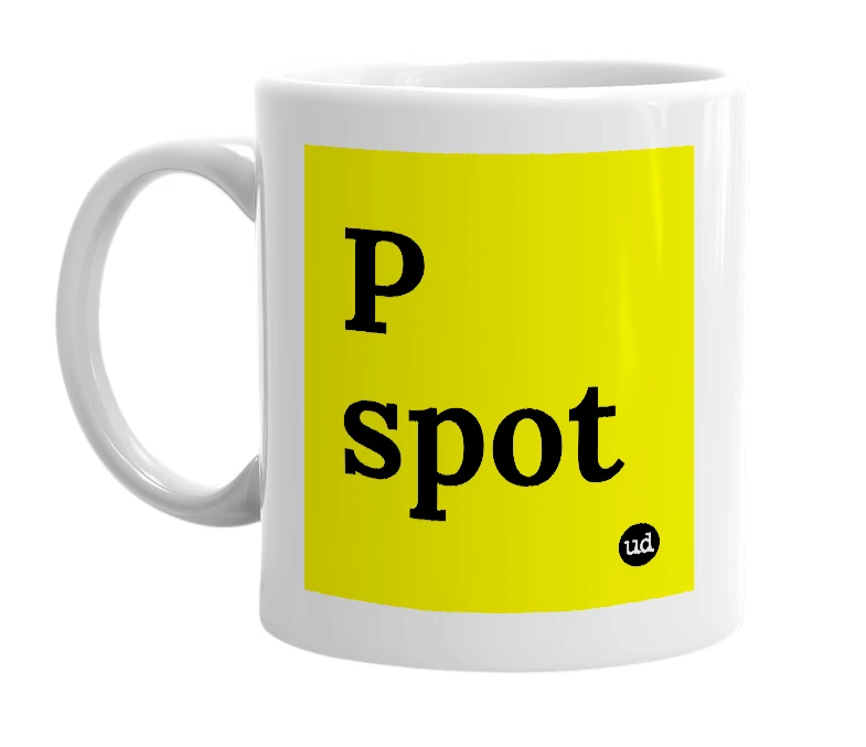 White mug with 'P spot' in bold black letters