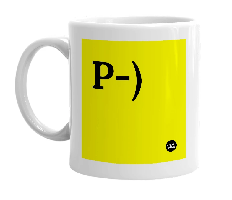 White mug with 'P-)' in bold black letters