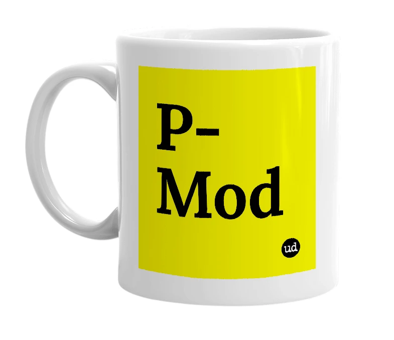 White mug with 'P-Mod' in bold black letters