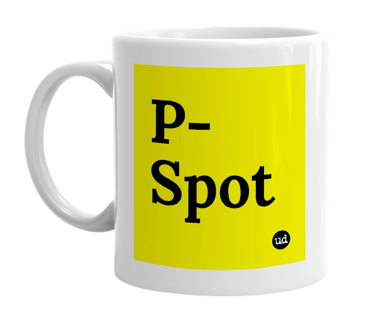 White mug with 'P-Spot' in bold black letters