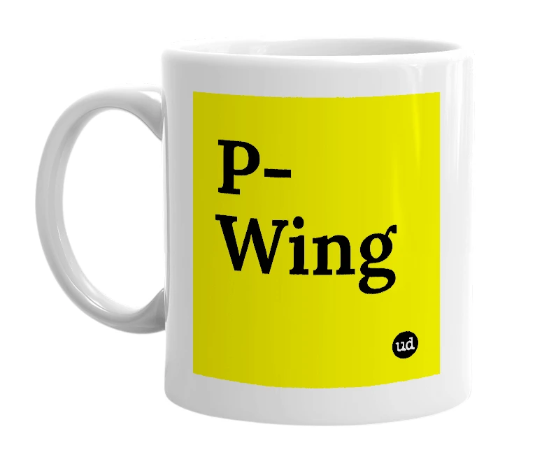 White mug with 'P-Wing' in bold black letters