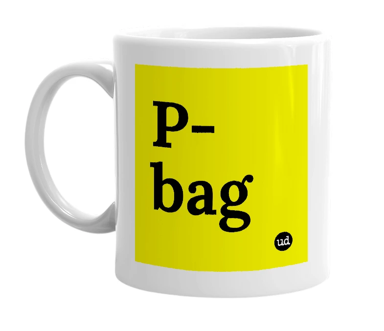 White mug with 'P-bag' in bold black letters