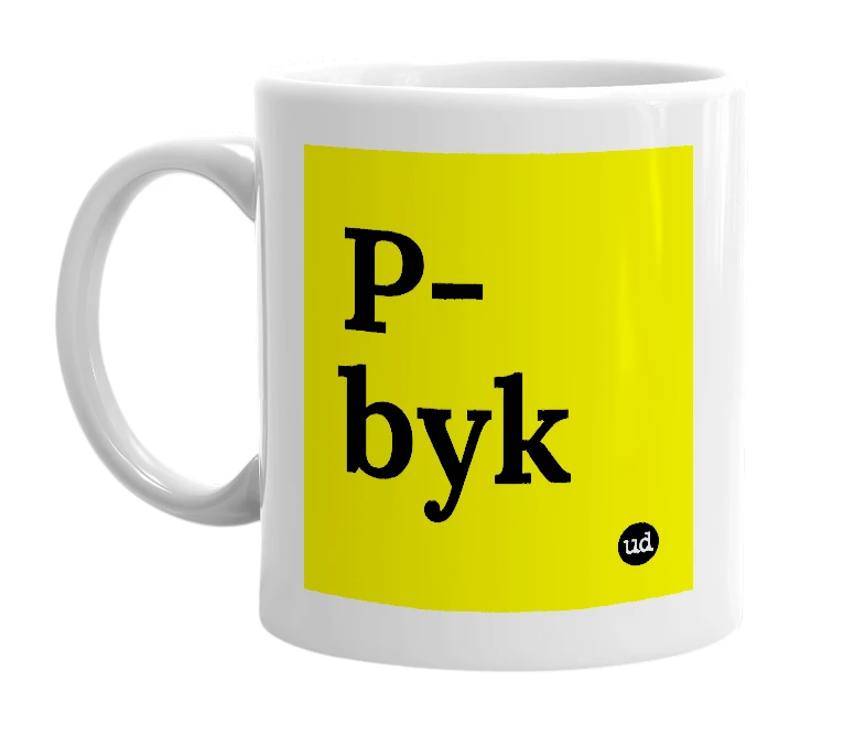 White mug with 'P-byk' in bold black letters
