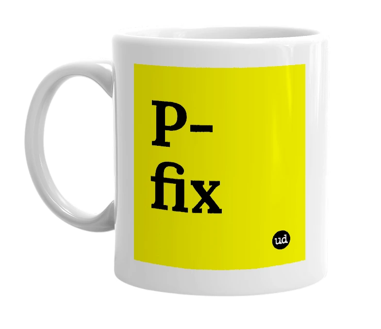 White mug with 'P-fix' in bold black letters