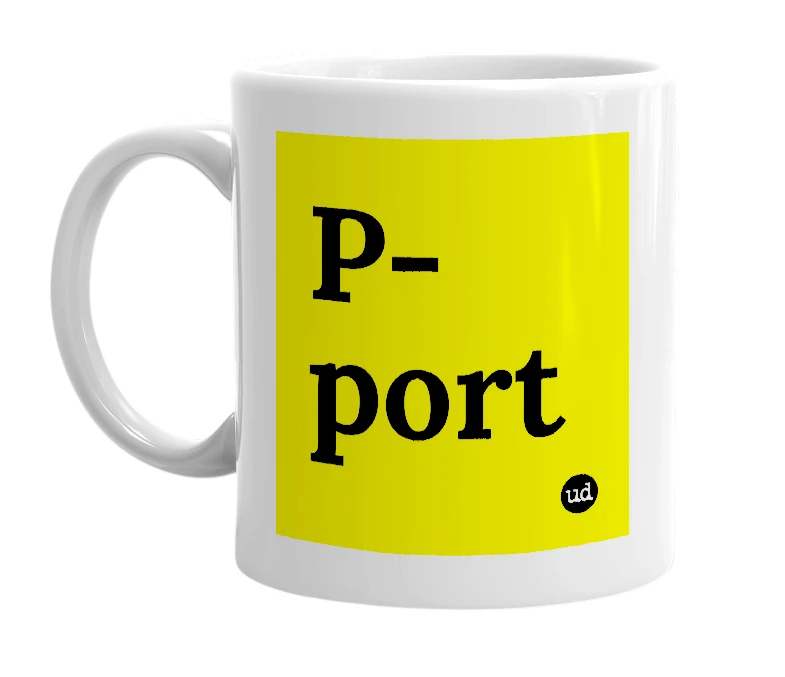 White mug with 'P-port' in bold black letters