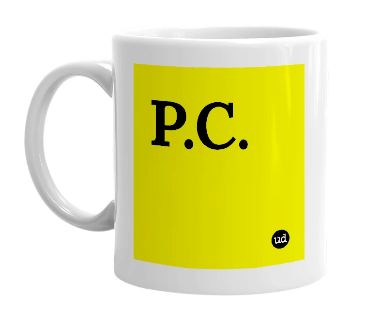 White mug with 'P.C.' in bold black letters