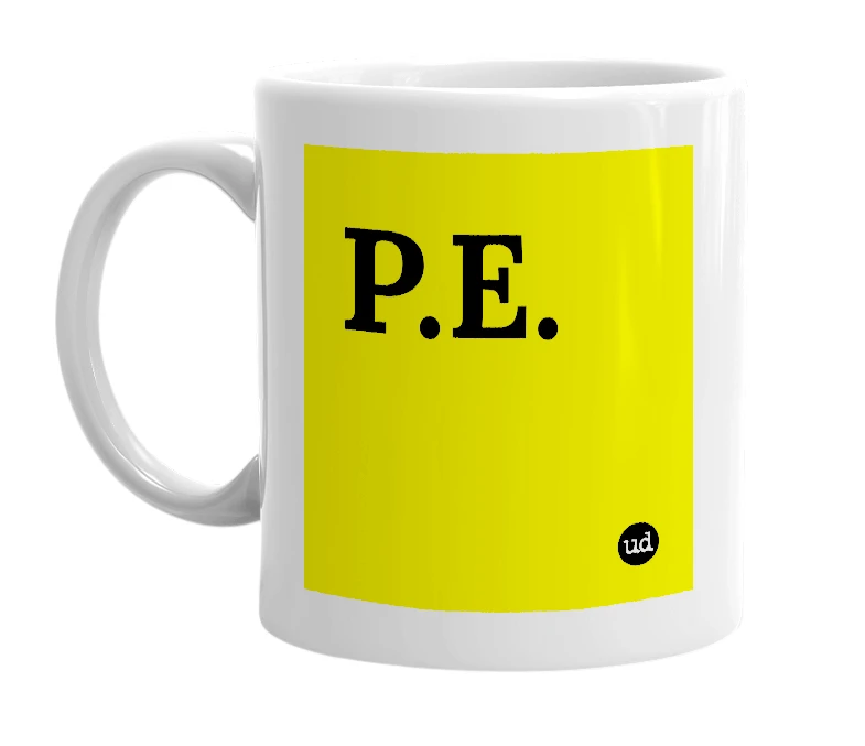 White mug with 'P.E.' in bold black letters