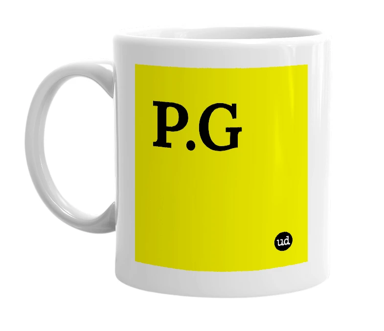White mug with 'P.G' in bold black letters