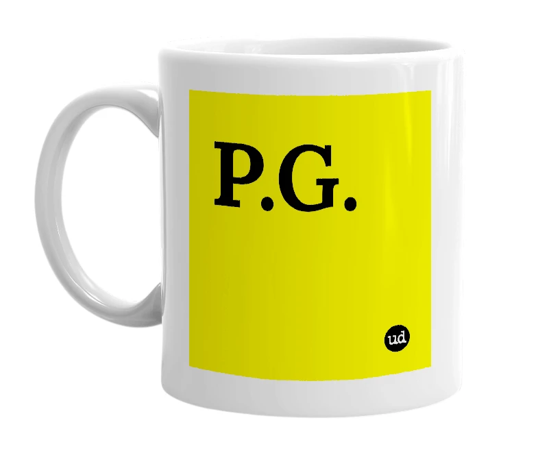 White mug with 'P.G.' in bold black letters