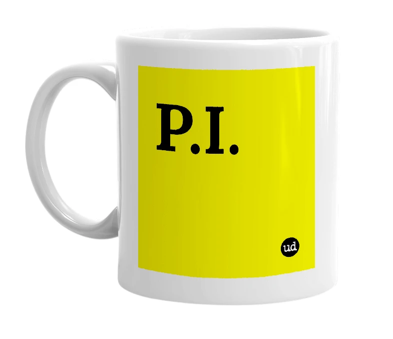 White mug with 'P.I.' in bold black letters