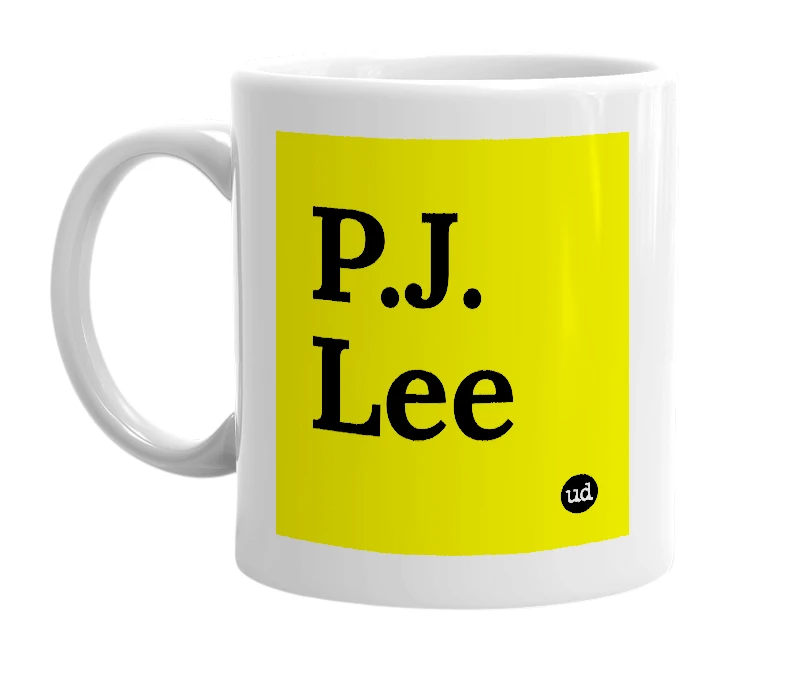 White mug with 'P.J. Lee' in bold black letters