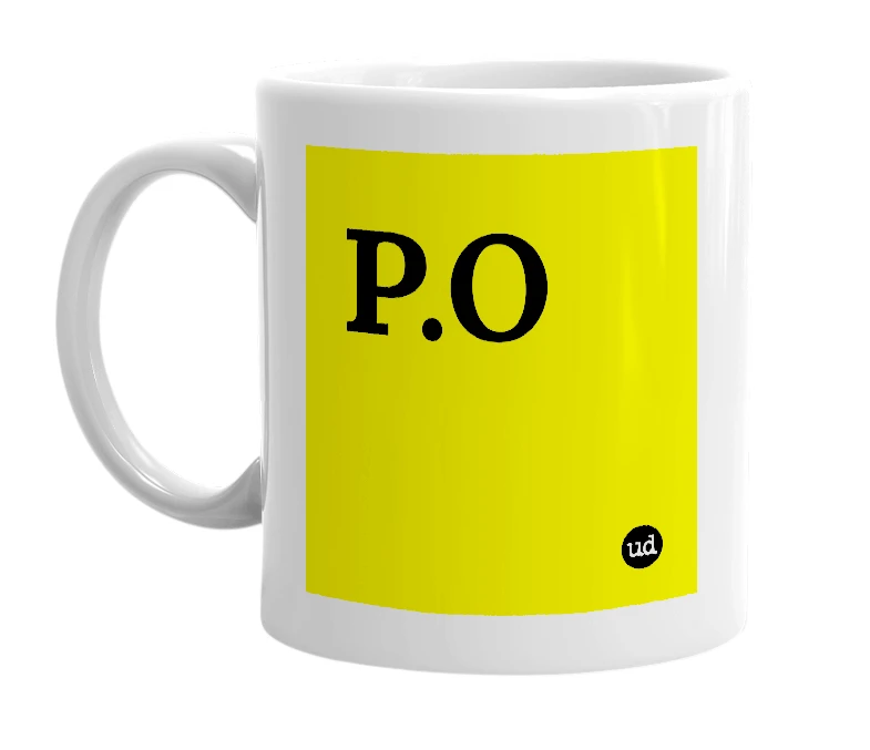 White mug with 'P.O' in bold black letters
