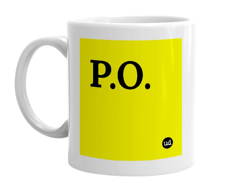 White mug with 'P.O.' in bold black letters