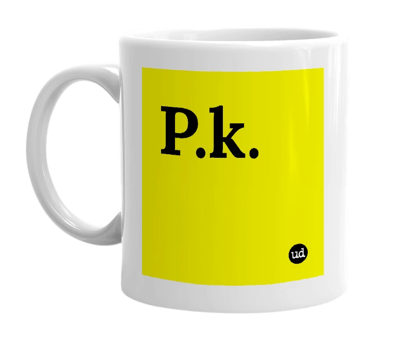 White mug with 'P.k.' in bold black letters