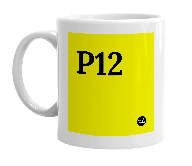 White mug with 'P12' in bold black letters