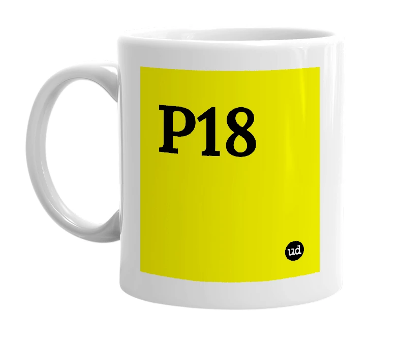 White mug with 'P18' in bold black letters