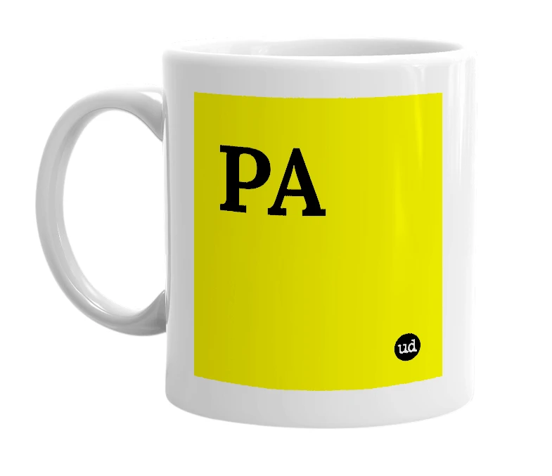 White mug with 'PA' in bold black letters