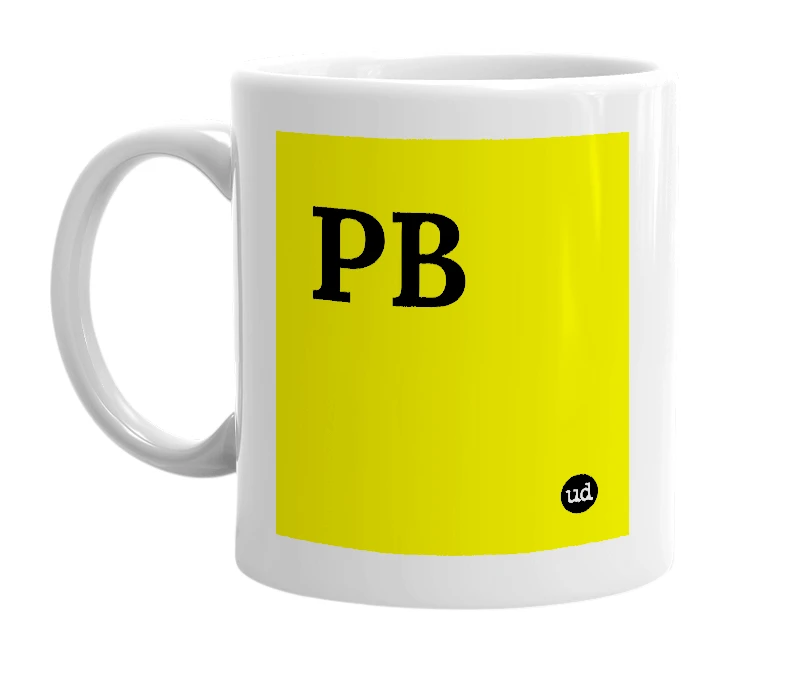 White mug with 'PB' in bold black letters