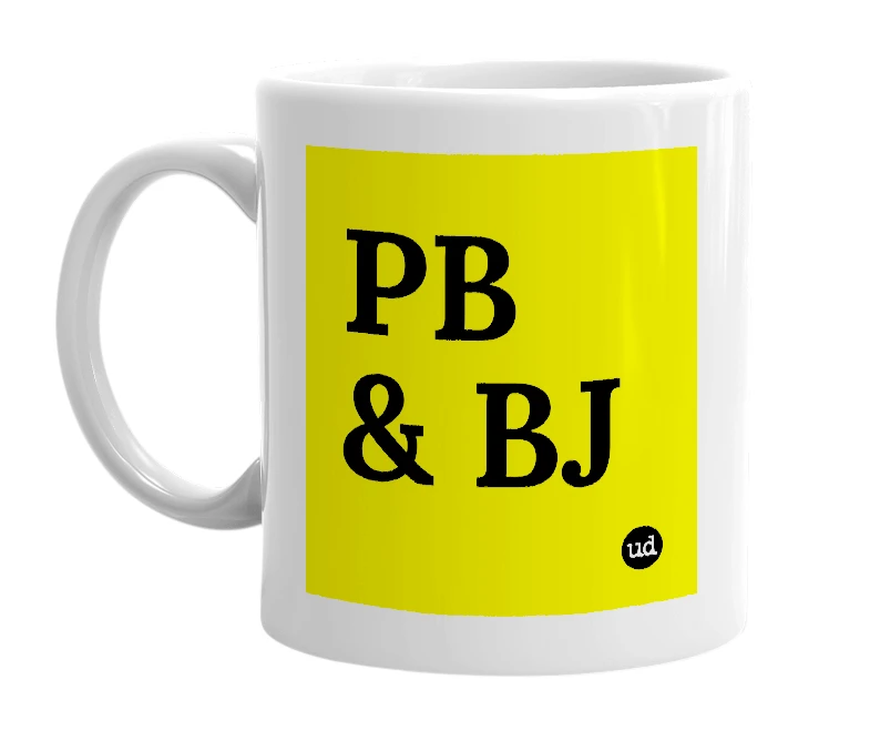 White mug with 'PB & BJ' in bold black letters