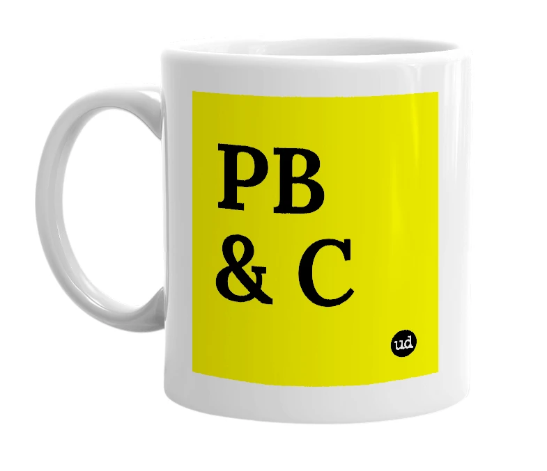 White mug with 'PB & C' in bold black letters