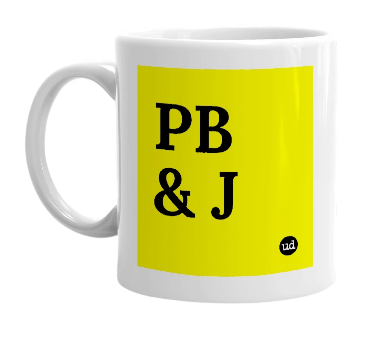 White mug with 'PB & J' in bold black letters