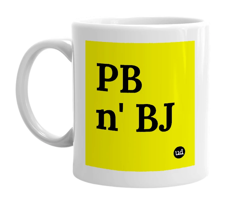 White mug with 'PB n' BJ' in bold black letters