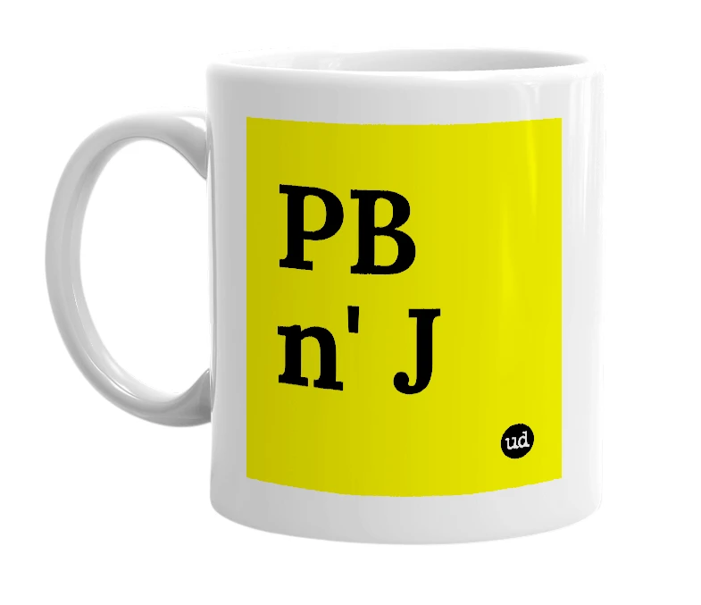 White mug with 'PB n' J' in bold black letters