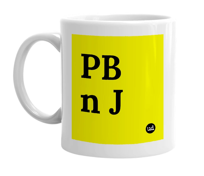 White mug with 'PB n J' in bold black letters