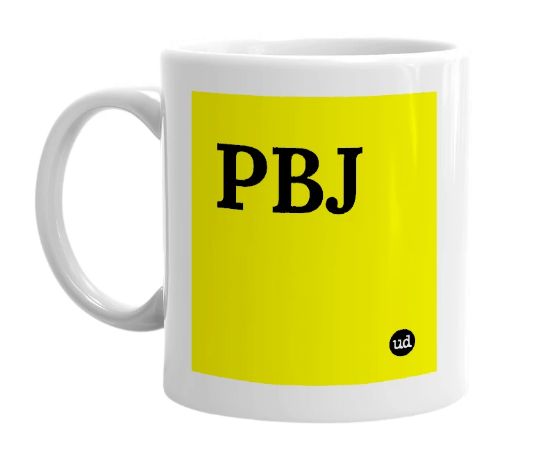 White mug with 'PBJ' in bold black letters