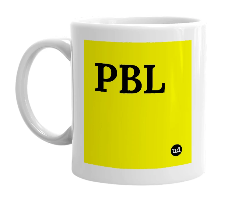 White mug with 'PBL' in bold black letters