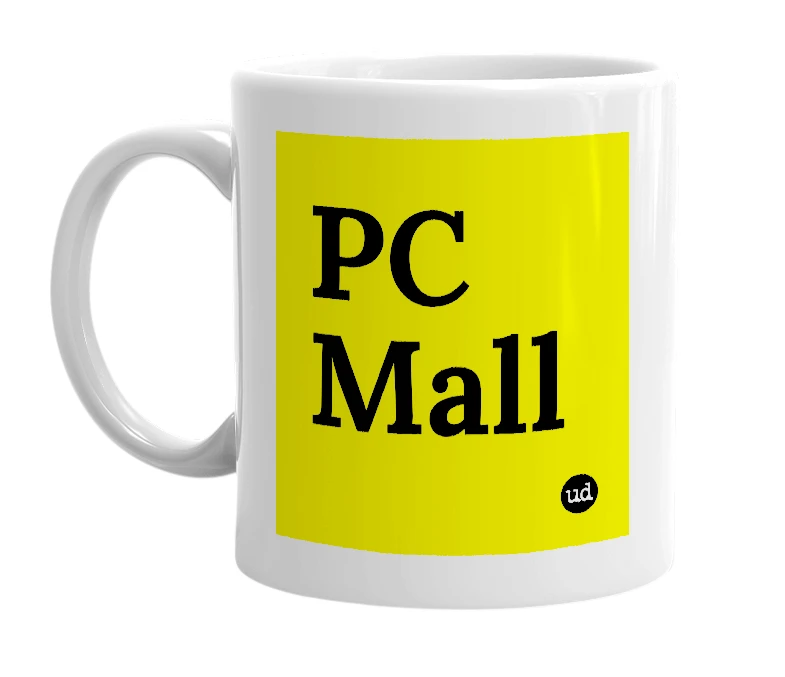 White mug with 'PC Mall' in bold black letters