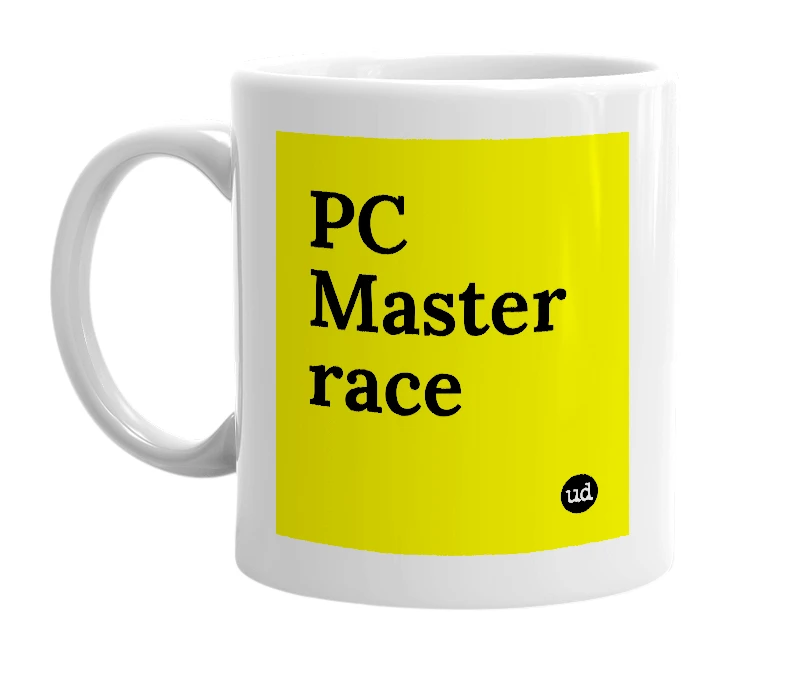 White mug with 'PC Master race' in bold black letters