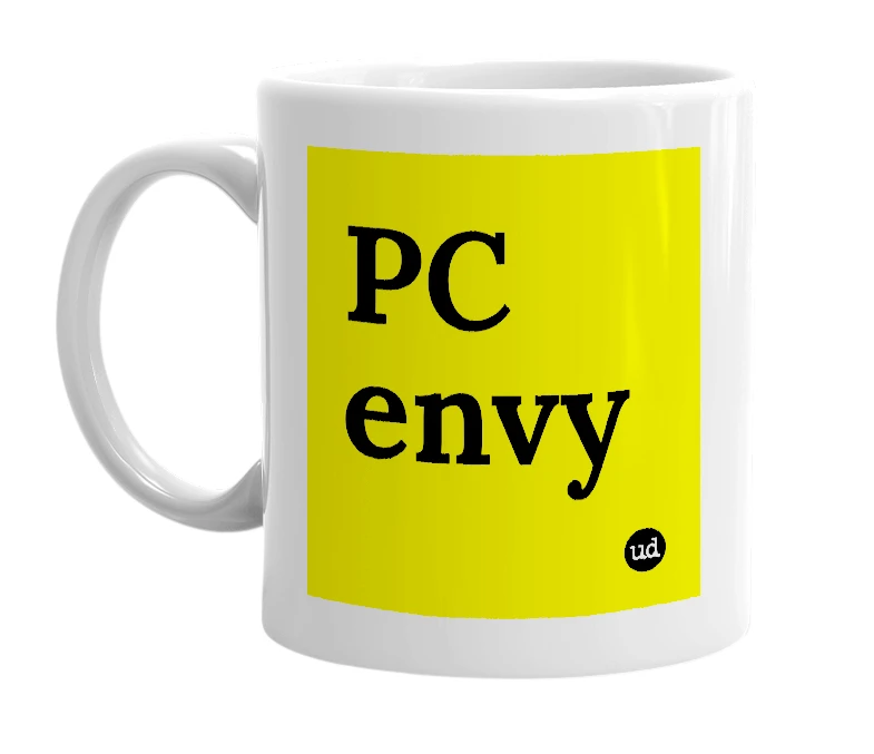 White mug with 'PC envy' in bold black letters