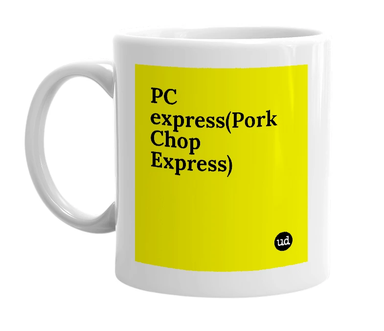 White mug with 'PC express(Pork Chop Express)' in bold black letters