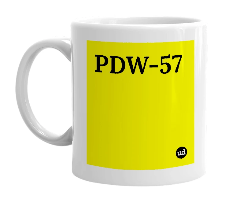 White mug with 'PDW-57' in bold black letters