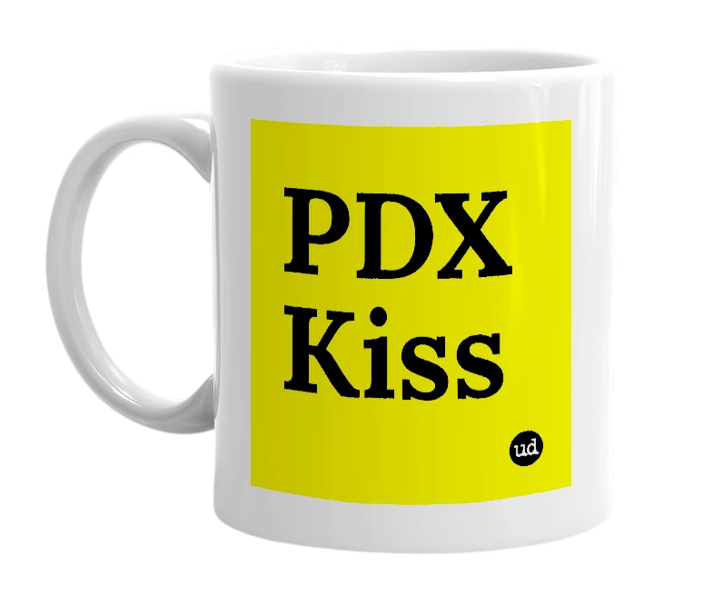 White mug with 'PDX Kiss' in bold black letters