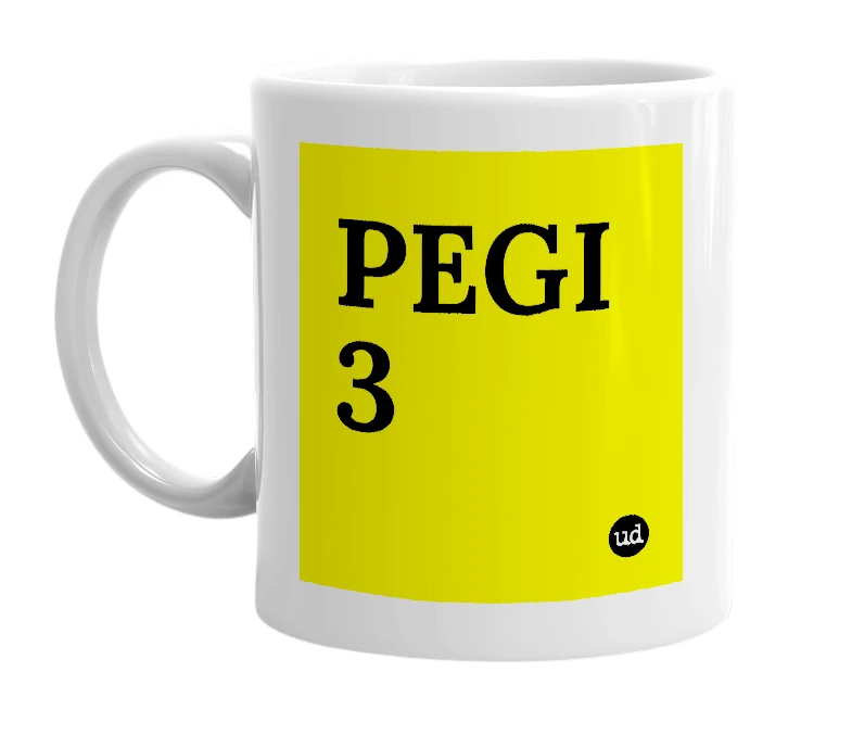 White mug with 'PEGI 3' in bold black letters
