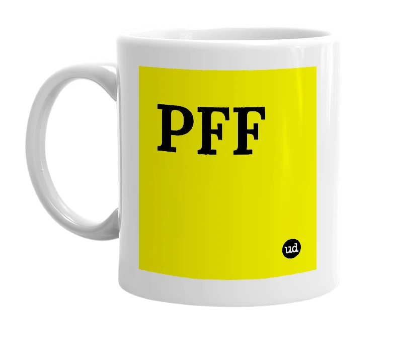 White mug with 'PFF' in bold black letters