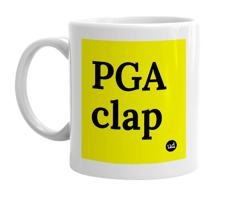 White mug with 'PGA clap' in bold black letters