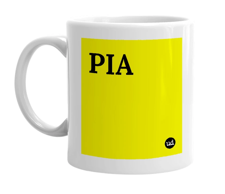 White mug with 'PIA' in bold black letters