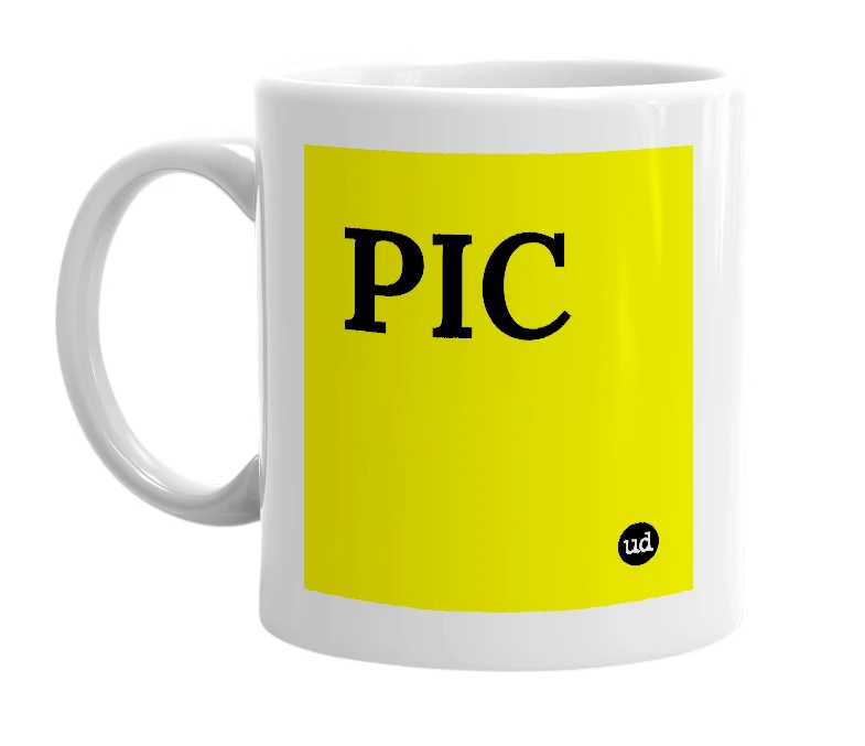 White mug with 'PIC' in bold black letters