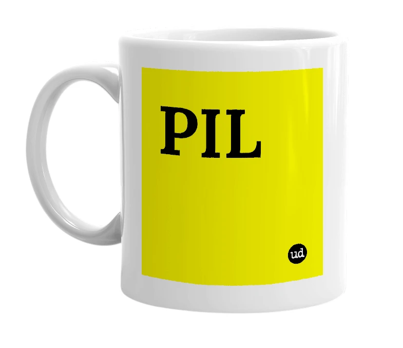 White mug with 'PIL' in bold black letters